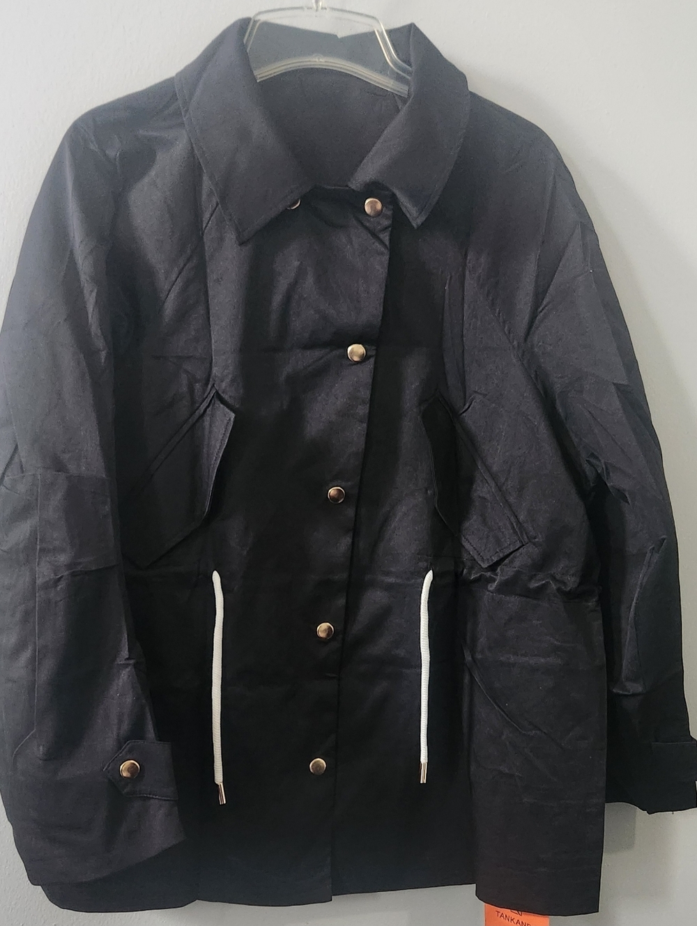 NWT Women's Black Jacket Coat Pockets Snap Close Utility Drawstring Jacket Lined